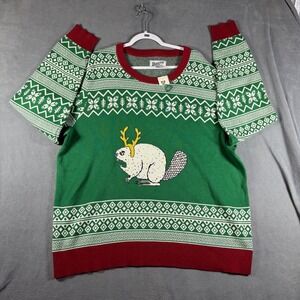 Duluth Trading Co Mens 2XL Green Fair Isle Beaver Antlers Christmas Sweater